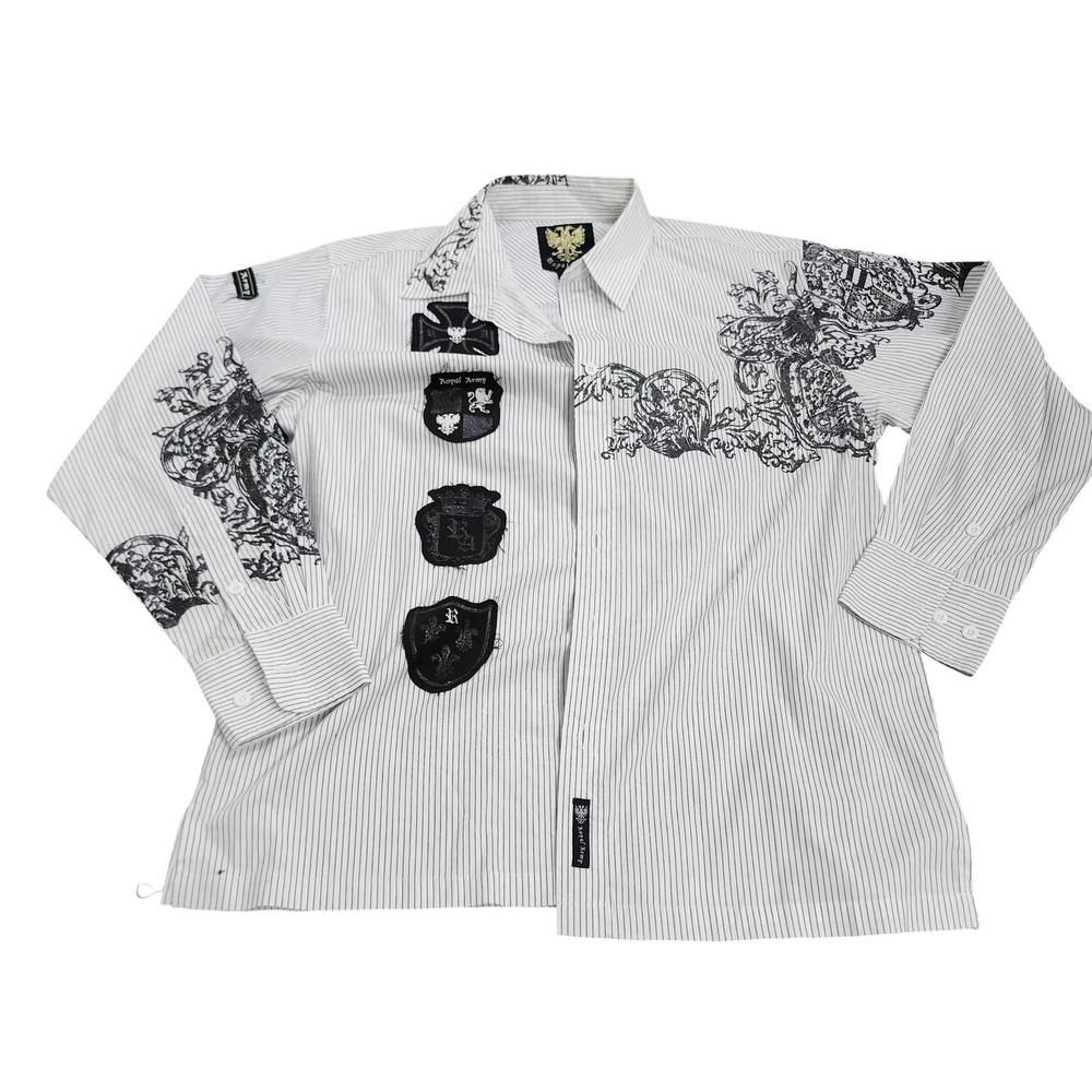 Royal Army Shirt Mens Large White Stripe Long Sleeve Button Embroidered Casual